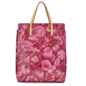 Pink handbag in shiny leather with rose print